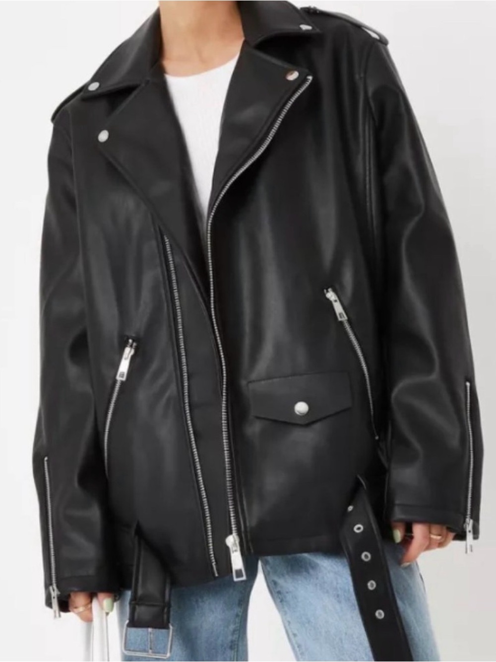MISSGUIDED Black Faux Leather Moto Jacket with Belt